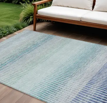 10' X 14' Blue Ivory And Gray Striped Washable Indoor Outdoor Area Rug