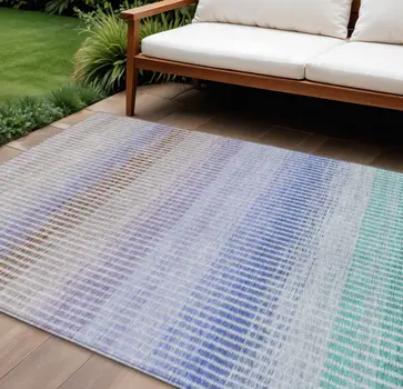 9' X 12' Green Lavender And Teal Blue Striped Washable Indoor Outdoor Area Rug