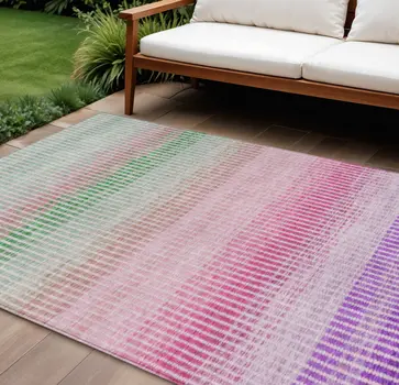 9' X 12' Purple Pink And Green Striped Washable Indoor Outdoor Area Rug