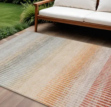 10' X 14' Terra Cotta Orange And Gray Striped Washable Indoor Outdoor Area Rug