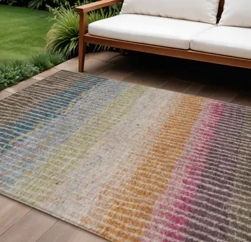 8' X 10' Chocolate Orange And Pink Striped Washable Indoor Outdoor Area Rug