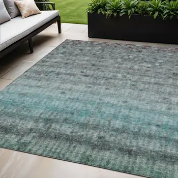 5' X 8' Teal Blue And Gray Striped Washable Indoor Outdoor Area Rug