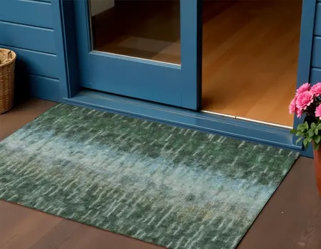 3' X 5' Emerald Teal Blue And Ivory Abstract Washable Indoor Outdoor Area Rug