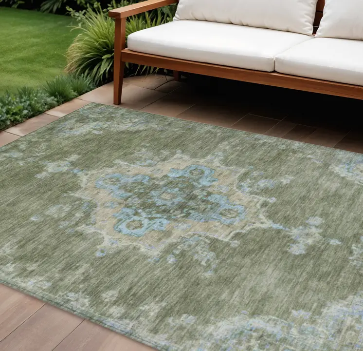 8' X 10' Fern Green And Blue Medallion Washable Indoor Outdoor Area Rug