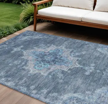 8' X 10' Blue And Gray Medallion Washable Indoor Outdoor Area Rug