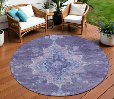 8' Purple And Blue Round Medallion Washable Indoor Outdoor Area Rug