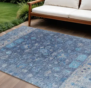 9' X 12' Navy Blue And Gray Tribal Washable Indoor Outdoor Area Rug