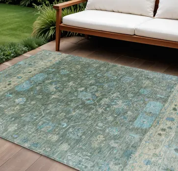 8' X 10' Sage Teal Blue And Beige Tribal Washable Indoor Outdoor Area Rug