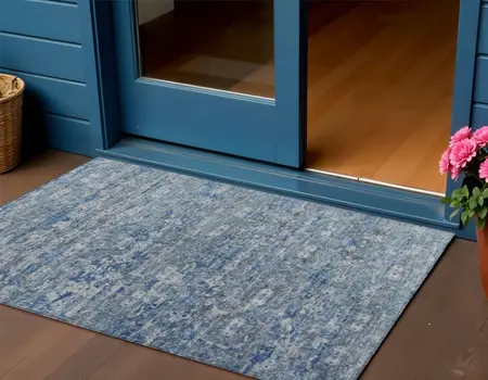 3' X 5' Denim Blue And Ivory Ikat Washable Indoor Outdoor Area Rug