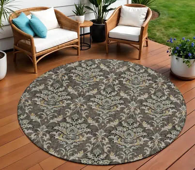 8' Chocolate Copper And Black Round Damask Washable Indoor Outdoor Area Rug