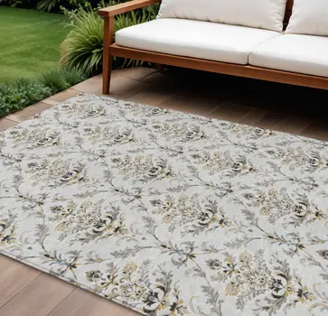 8' X 10' Silver Blue And Gray Damask Washable Indoor Outdoor Area Rug