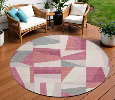 8' Blush Pewter And Ivory Round Geometric Washable Indoor Outdoor Area Rug