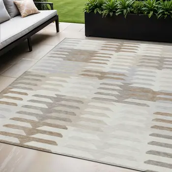5' X 8' Ivory Gray And Brown Geometric Washable Indoor Outdoor Area Rug