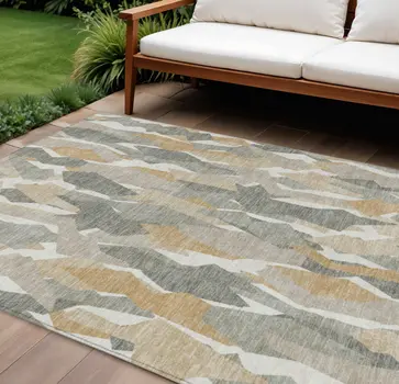 10' X 14' Pewter Wheat And Ivory Striped Washable Indoor Outdoor Area Rug
