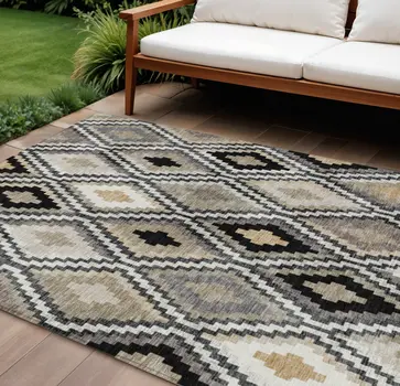 10' X 14' Black Ivory And Beige Geometric Washable Indoor Outdoor Area Rug