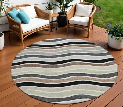 8' Black Pewter And Ivory Round Striped Washable Indoor Outdoor Area Rug