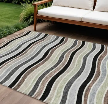 8' X 10' Black Pewter And Ivory Striped Washable Indoor Outdoor Area Rug