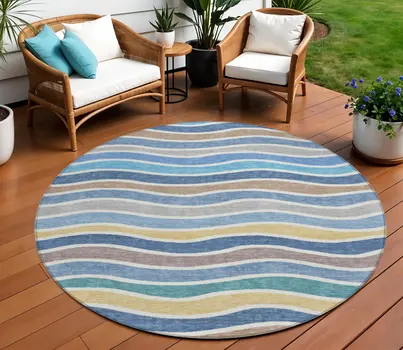 8' Blue Ivory And Gold Round Striped Washable Indoor Outdoor Area Rug