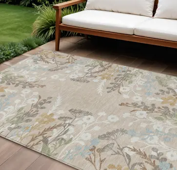 9' X 12' Beige Ivory And Blue Floral Washable Indoor Outdoor Area Rug