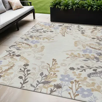 5' X 8' Ivory Khaki And Gray Floral Washable Indoor Outdoor Area Rug