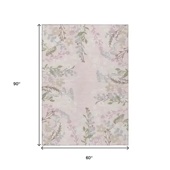 5' X 8' Pink Ivory And Gray Floral Washable Indoor Outdoor Area Rug