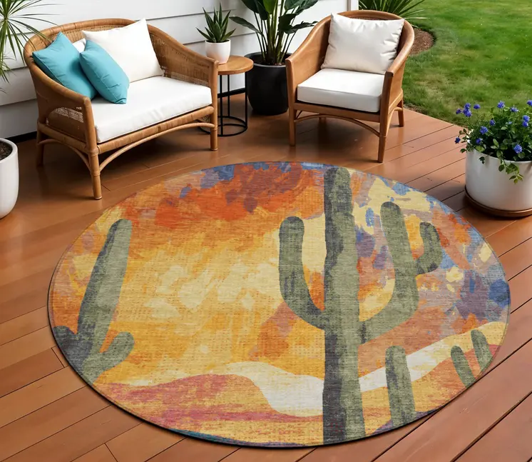 8' Terra Cotta Blue And Plum Round Botanical Leaves Washable Indoor Outdoor Area Rug