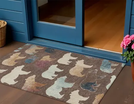 3' X 5' Chocolate Ivory And Blue Animal Print Washable Indoor Outdoor Area Rug