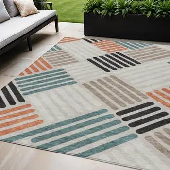 5' X 8' Sand Ivory And Black Geometric Washable Indoor Outdoor Area Rug
