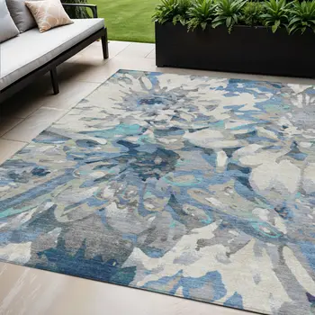 5' X 8' Denim Blue Gray And Ivory Floral Washable Indoor Outdoor Area Rug