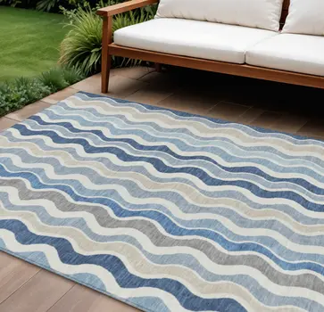 8' X 10' Blue Khaki And Ivory Striped Washable Indoor Outdoor Area Rug