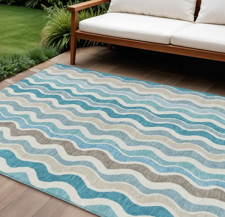 10' X 14' Teal Blue Ivory And Beige Striped Washable Indoor Outdoor Area Rug