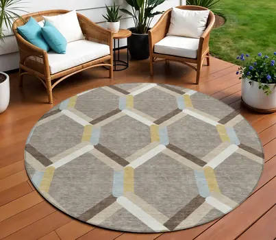 8' Brown Ivory And Beige Round Geometric Washable Indoor Outdoor Area Rug