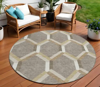 8' Taupe Beige And Ivory Round Geometric Washable Indoor Outdoor Area Rug
