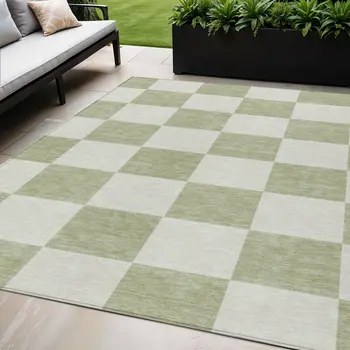 5' X 8' Artichoke Green And Ivory Geometric Washable Indoor Outdoor Area Rug
