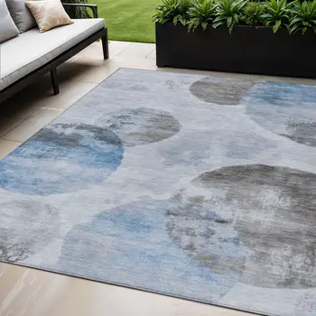 5' X 8' Denim Blue Taupe And Ivory Abstract Washable Indoor Outdoor Area Rug
