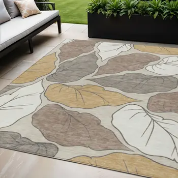 5' X 8' Linen Ivory And Brown Botanical Leaves Washable Indoor Outdoor Area Rug