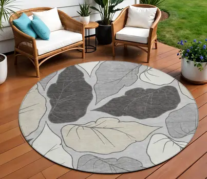 8' Silver Gray And Beige Round Botanical Leaves Washable Indoor Outdoor Area Rug