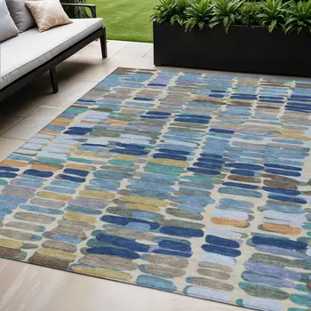 5' X 8' Denim Blue Wheat And Beige Abstract Washable Indoor Outdoor Area Rug
