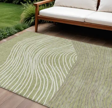 9' X 12' Artichoke Green And Ivory Striped Washable Indoor Outdoor Area Rug