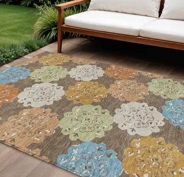 9' X 12' Chocolate Ivory And Copper Quatrefoil Washable Indoor Outdoor Area Rug