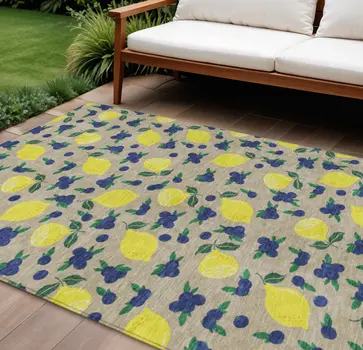 8' X 10' Stone Yellow And Blue Lemons Washable Indoor Outdoor Area Rug