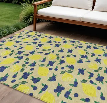 9' X 12' Wheat Yellow And Blue Lemons Washable Indoor Outdoor Area Rug