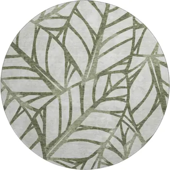 8' Olive Green And Beige Floral Washable Round Rug With UV Protection