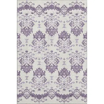 10' X 14' Purple And Ivory Medallion Washable Area Rug With UV Protection