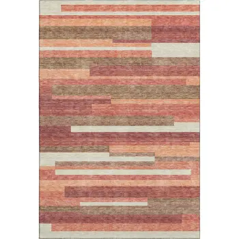 10' X 14' Coral Taupe And Orange Striped Washable Area Rug With UV Protection