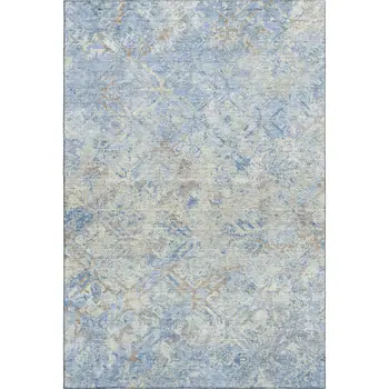 9' X 12' Sky Blue Gray And Ivory Diamond Washable Area Rug With UV Protection
