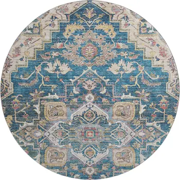8' Blue Gold And Rust Floral Medallion Washable Round Rug With UV Protection