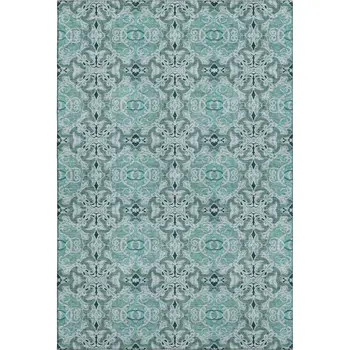 9' X 12' Teal And Ivory Medallion Washable Area Rug With UV Protection