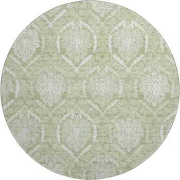 8' Artichoke Green And Ivory Medallion Washable Round Rug With UV Protection