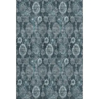 5' X 8' Teal And Gray Damask Washable Area Rug With UV Protection